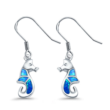 Drop Dangle Seahorse Earrings Lab Created Blue Opal 925 Sterling Silver(21mm)